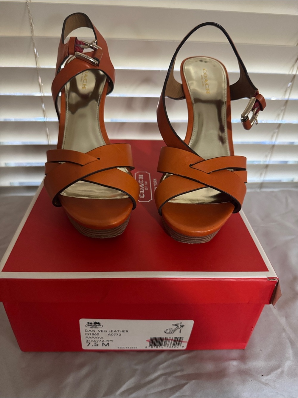 Coach Orange Leather Platform Sandals with Buckle Ankle Strap